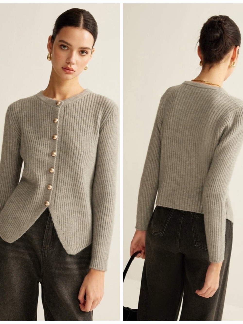 Common Sense Gray Ribbed Knit Cardigan M Gold Button Split Hem Fitted Sweater